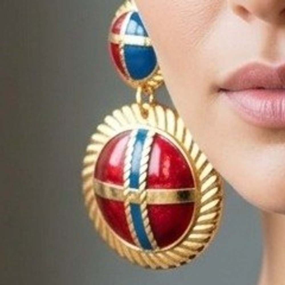Sue Ellen Vintage Enamel Door Knocker Drop Earrings Red Blue Gold Tone Nautical